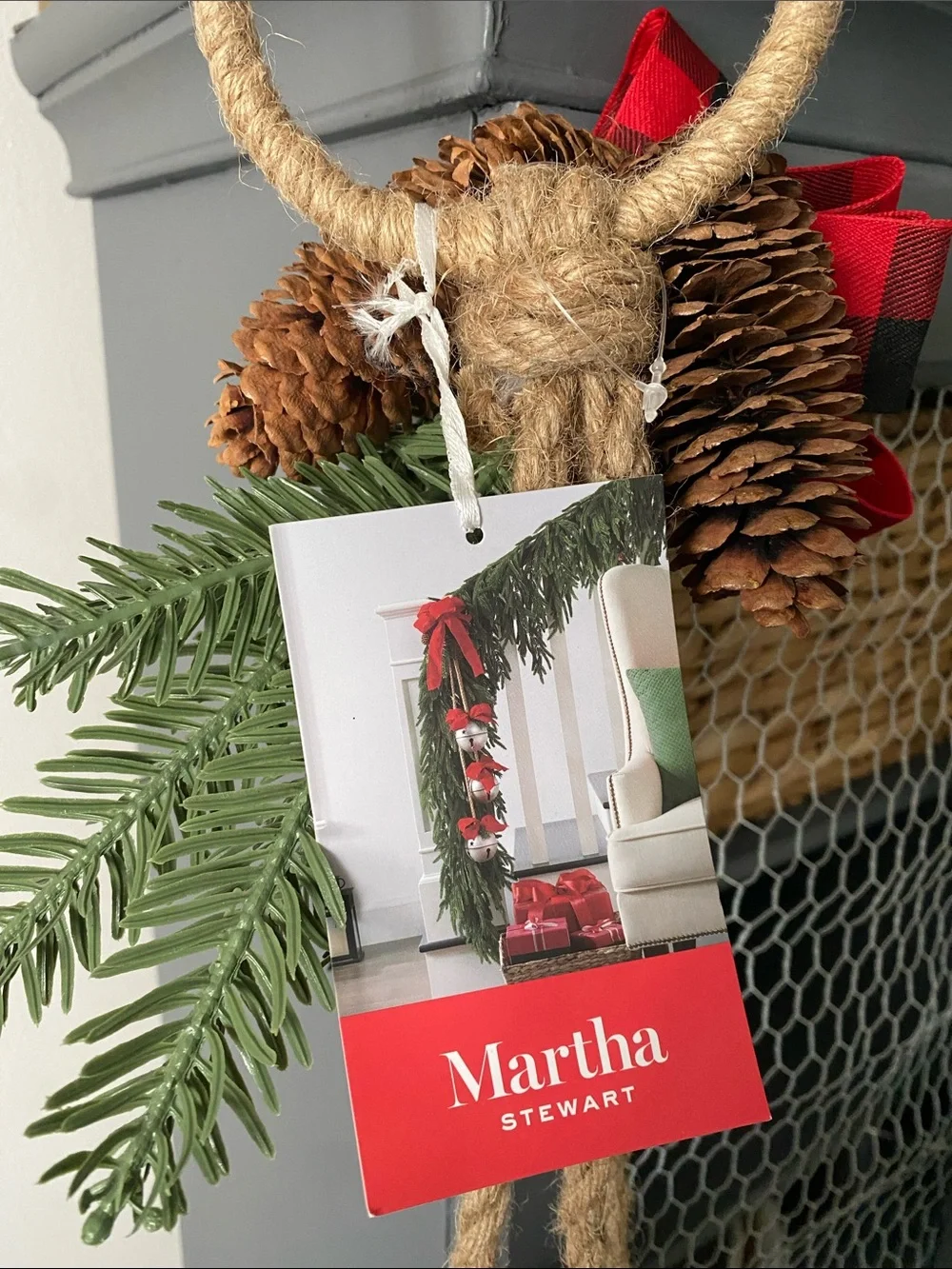 Martha Stewart Red Buffalo Plaid Jingle Bell Door Hanger, Garland Christmas NWT